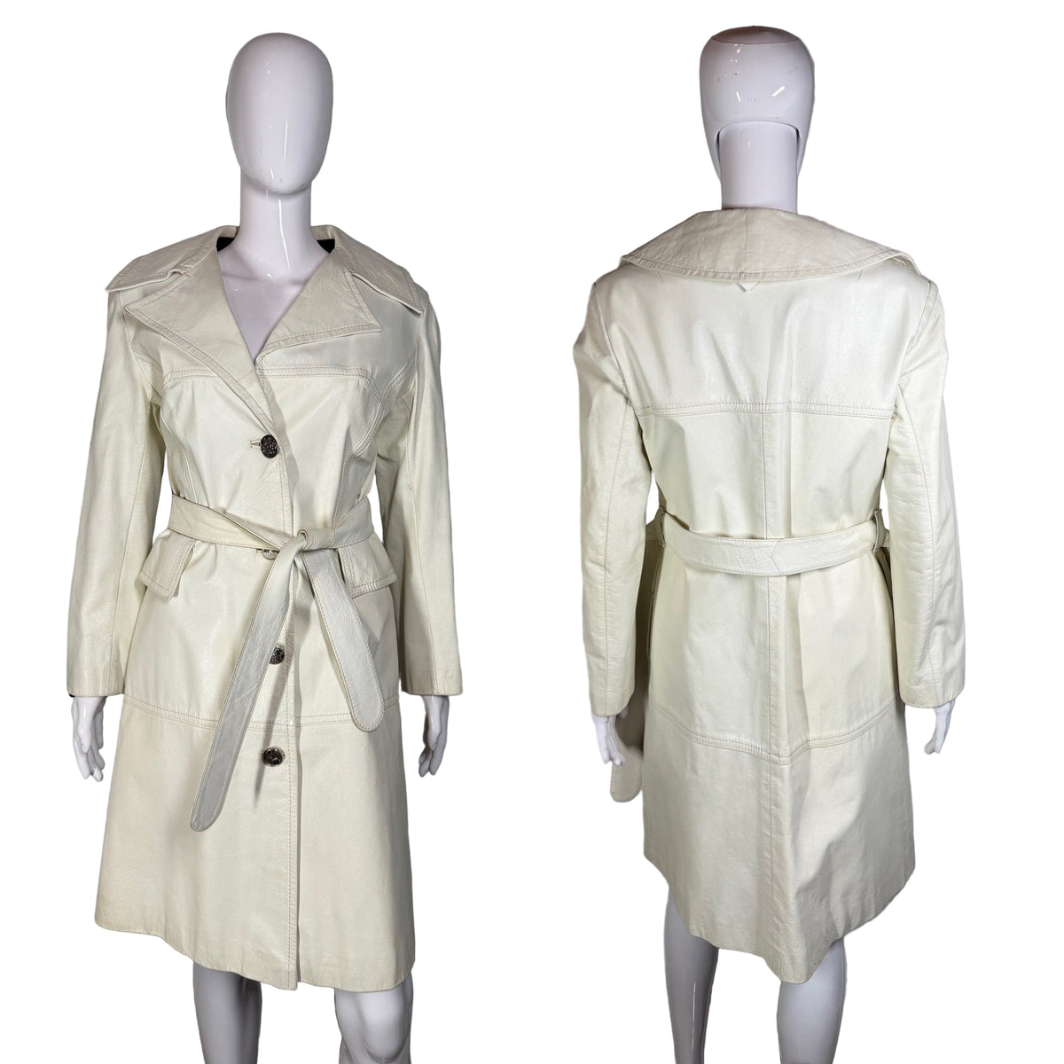 1960's Casa Lopez Belted White Leather Trench Coat - Size M