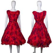 Load image into Gallery viewer, 1960's Red Floral Chiffon Party Dress Size S