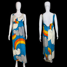 Load image into Gallery viewer, Colorful dress with cloud and rainbow design on mannequins against a plain wall.