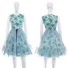 Load image into Gallery viewer, 1950's Blue Floral Chiffon Party Dress Size S