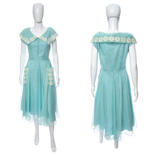Load image into Gallery viewer, 1950's Blue and White Lace Detail Party Dress Size M