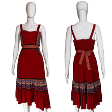 Load image into Gallery viewer, Red dress with patterned layers on a white mannequin against a plain background