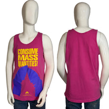 Load image into Gallery viewer, Pink tank top with yellow text and purple graphic on a mannequin, shown from front and back.