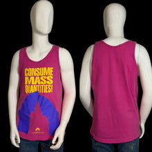 Load image into Gallery viewer, Pink tank top with yellow text and purple graphic on a mannequin, shown from front and back.