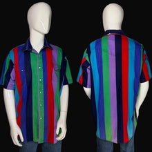 Load image into Gallery viewer, A short-sleeve button-up shirt with bold vertical stripes in blue, green, red, purple, and navy, shown on a white mannequin from both front and back views against a black background.