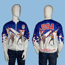 Load image into Gallery viewer, Olympic-themed jacket with 'USA' and sports graphics on a mannequin against a gray background