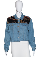 Load image into Gallery viewer, Denim jacket with floral patch on a mannequin against a white background