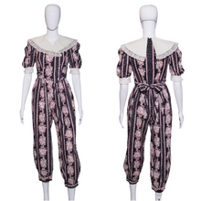 Load image into Gallery viewer, 1980's Black and Pink Floral Coquette Cotton Jumpsuit Size S/M