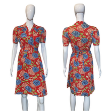 Load image into Gallery viewer, 1940's Red and Blue Rose Print Cotton Wrap Dress Size S