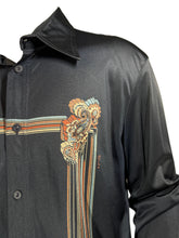 Load image into Gallery viewer, Blue shirt with stripes and paisley print on white background