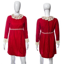 Load image into Gallery viewer, 1960&#39;s Red Velvet and White Lace Detail Long Sleeve Dress Size M
