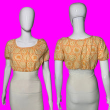 Load image into Gallery viewer, A short-sleeve cropped blouse shown on a white mannequin from both the front and back views.