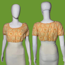 Load image into Gallery viewer, A short-sleeve cropped blouse shown on a white mannequin from both the front and back views.
