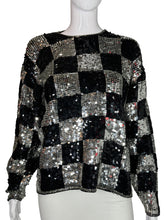 Load image into Gallery viewer, 1980's Silver and Black Checkered Sequin Sweater - Size M/L