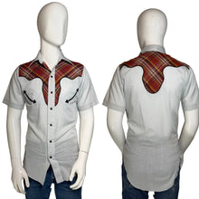 Load image into Gallery viewer, Gray shirt with plaid shoulder accents on a mannequin against a plain background