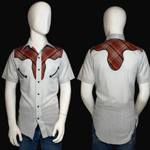 Load image into Gallery viewer, Gray shirt with plaid shoulder accents on a mannequin against a plain background