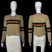Load image into Gallery viewer, A beige knit sweater with green, black, and orange horizontal stripes at the bust and elbow displayed on a white mannequin, shown from both the front and back views.