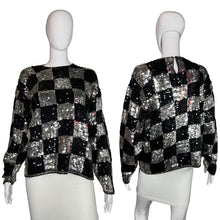 Load image into Gallery viewer, 1980's Silver and Black Checkered Sequin Sweater - Size M/L