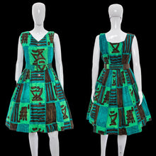 Load image into Gallery viewer, 1960's Green and Brown Fit and Flare Tiki Party Dress Size M