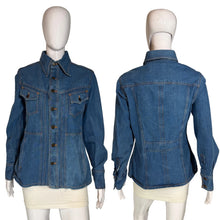 Load image into Gallery viewer, Blue denim jacket displayed on a mannequin from front and back views against a neutral background.