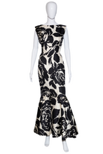 Load image into Gallery viewer, 1960's Black and White Rose Print Mermaid Gown Size M