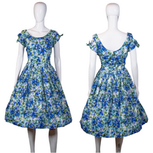Load image into Gallery viewer, 1960's Blue and Green Floral Dress Size M