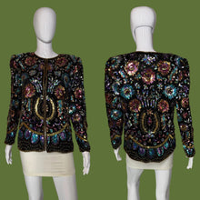 Load image into Gallery viewer, Front and back views of a black embellished jacket with colorful sequins and beads, displayed on a white mannequin.