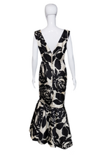 Load image into Gallery viewer, 1960's Black and White Rose Print Mermaid Gown Size M