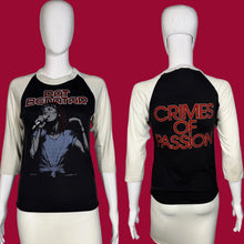 Load image into Gallery viewer, Black baseball shirt with Pat Benatar graphic and 'Crimes of Passion' text on a mannequin.