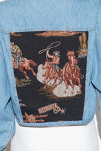 Load image into Gallery viewer, Denim jacket with embroidered western design on a mannequin