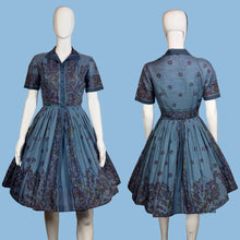 Load image into Gallery viewer, Blue patterned A-line dress on a mannequin against a neutral background