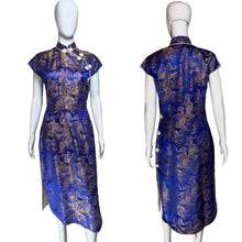 Load image into Gallery viewer, Blue and gold patterned dress on a mannequin with front and back views