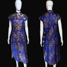 Load image into Gallery viewer, Blue and gold patterned dress on a mannequin with front and back views