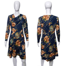 Load image into Gallery viewer, 1970's Edith Flagg Navy Floral Printed Long Sleeve Dress Size M