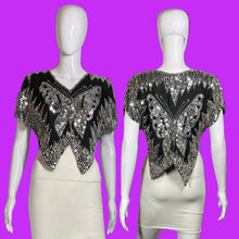 Load image into Gallery viewer, A black and silver sequined butterfly-embroidered top displayed on a white mannequin, with front and back views shown side by side.