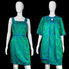 Load image into Gallery viewer, 1960's Green and Blue Cocktail Dress and Jacket Set Size M