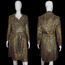 Load image into Gallery viewer, Gold sequin trench coat on a mannequin against a plain background