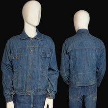 Load image into Gallery viewer, Blue denim jacket displayed on a mannequin with front and back views against a plain background.