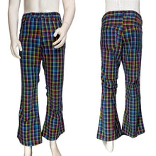 Load image into Gallery viewer, Front and back views of plaid flared pants against a white background