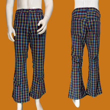 Load image into Gallery viewer, Front and back views of plaid flared pants against a white background