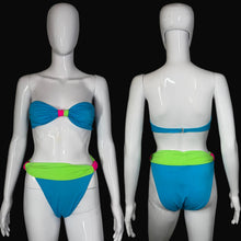 Load image into Gallery viewer, Neon blue and green bikini set on a mannequin with front and back view