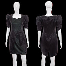 Load image into Gallery viewer, 1980s Gunne Sax Black Satin Dress – Green Polka Dot – Size M