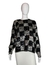 Load image into Gallery viewer, 1980's Silver and Black Checkered Sequin Sweater - Size M/L