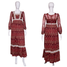 Load image into Gallery viewer, 1970's Sheer Maroon and Tan Paisley Prairie Maxi Dress Size S
