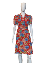 Load image into Gallery viewer, 1940's Red and Blue Rose Print Cotton Wrap Dress Size S