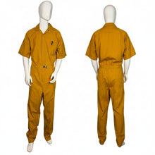 Load image into Gallery viewer, Yellow jumpsuit on a mannequin with front and back views against a white wall.