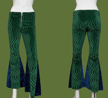 Load image into Gallery viewer, Green and blue patterned bell-bottom pants on mannequins against a plain background