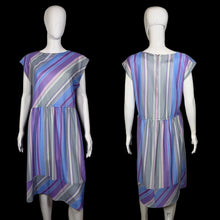 Load image into Gallery viewer, Front and back views of a purple and gray striped dress against a white background.