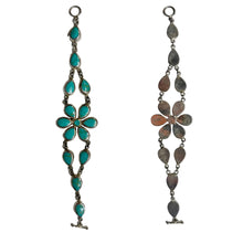 Load image into Gallery viewer, Silver and turquoise flower-shaped bracelet on a white background