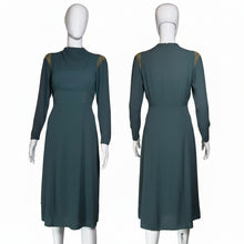 Load image into Gallery viewer, Green dress on a mannequin with gold accents, shown from front and back views.